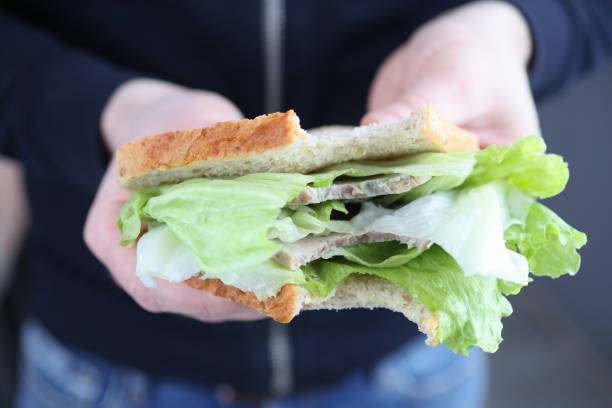 istock Male hands holding sandwich with greens closeup 1305301437