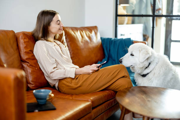 istock Woman sitting on the sofa at home with a dog. 1305301449