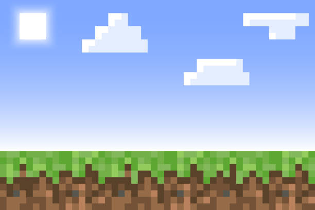 ilustrações de stock, clip art, desenhos animados e ícones de pixel minecraft style land background. concept of game ground pixelated horizontal background with blue sky, sun, cloud. vector illustration - cloud computer equipment technology pixelated