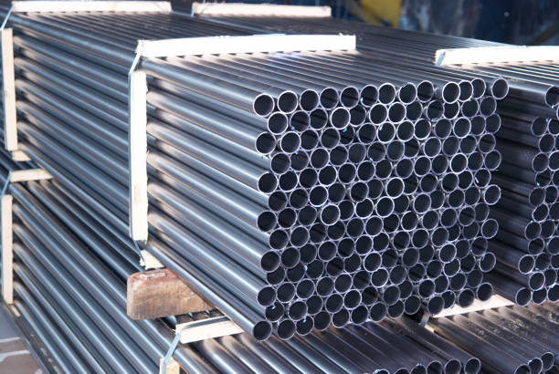 istock Steel Pipes bunch on the rack in warehouse 1305302250