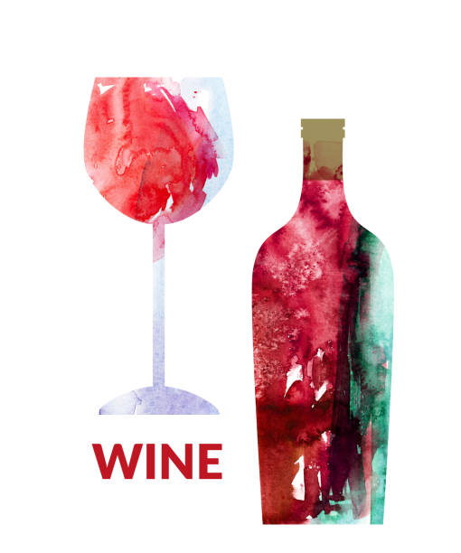 illustrazioni stock, clip art, cartoni animati e icone di tendenza di set di vini astratti acquerello con bottiglia di vino rosso e bicchiere - grape red grape red farmers market