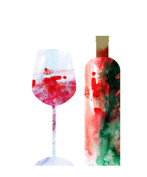 aquarell abstrakte wein set mit rotweinflasche und glas - grape red grape red farmers market stock-grafiken, -clipart, -cartoons und -symbole