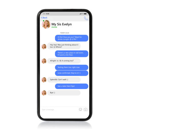 Mockup of mobile phone with sample chat app and text bubbles on screen