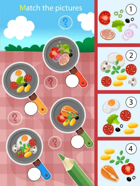 Vector illustration of Matching game, education game for children. Puzzle for kids. Match by elements. Frying pans and products. Food and meals. Worksheet for preschoolers.