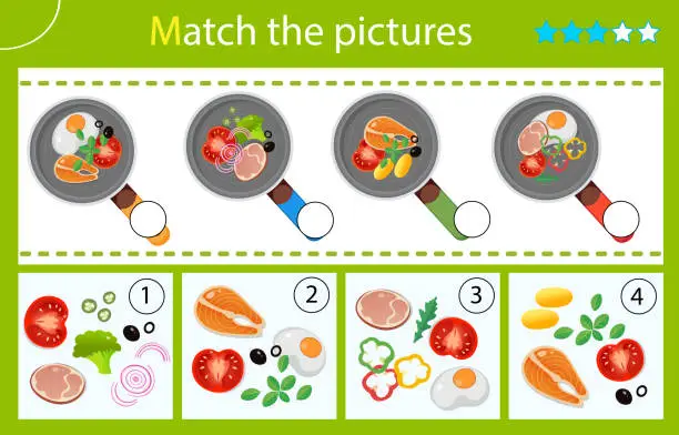 Vector illustration of Matching game, education game for children. Puzzle for kids. Match by elements. Frying pans and products. Food and meals. Worksheet for preschoolers.