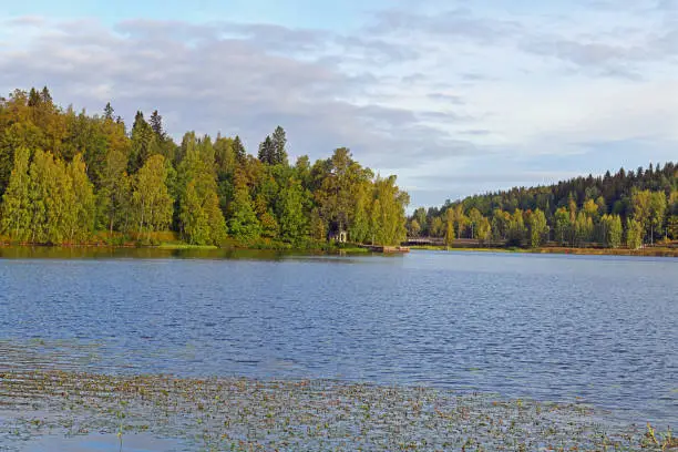 Photo of Golden Finnish autumn. Picturesque view on Vanajavesi lake in Hameenlinna, Finland