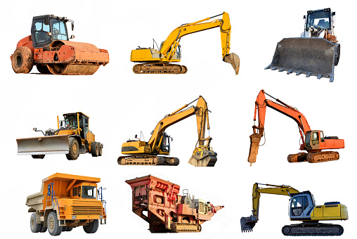 Set of construction equipment: Excavator, Dozer, Soil Compactor, Mining Truck, Motor Grader, Breaker Hammer, Jackhammer, Crusher screening bucket, Wheel loader, Mobile Stone crusher, Paver, Skid steer