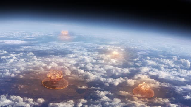 Aerial view of nuclear explosions in space, mushroom clouds, nuclear war