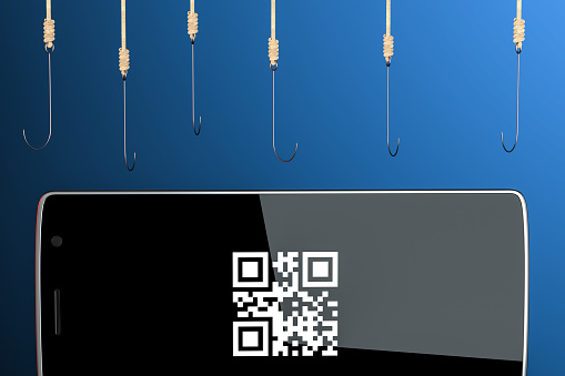 Hooked mobile phone via QR code,3d render