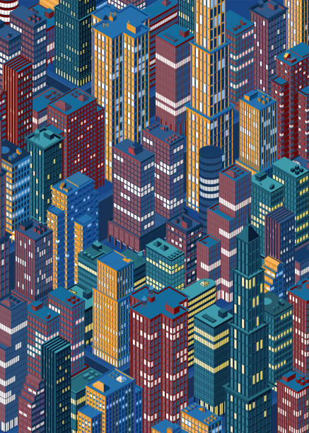 Isometric city skyline. Vector illustration. Isometric night city centre, cityscape, city skyline. Vector illustration in flat design. singapore flats stock illustrations
