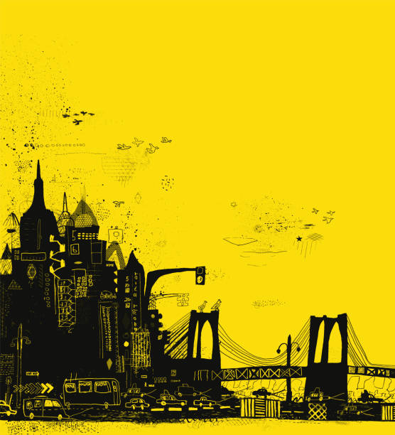 illustrazioni stock, clip art, cartoni animati e icone di tendenza di skyline della città di new york, stati uniti - brooklyn bridge taxi new york city brooklyn