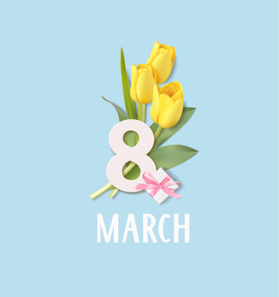 istock Happy Womens Day. 8 March design template. White number 8 with decorative gift box and yellow tulip flowers. 1305312321