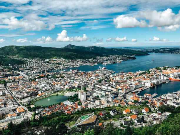 View Fløyen Bergen Norway View from the top of mount Fløyen in Norway Bergen fløyen stock pictures, royalty-free photos & images