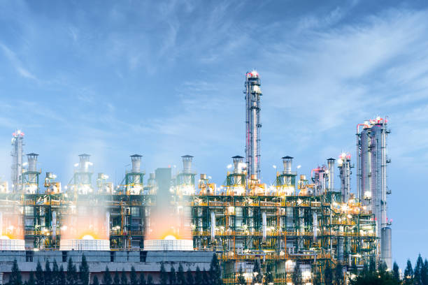 Cooling tower, gas fired power plant or gas fired power station. Factory, system and technology to burn natural gas to generate electricity, electrical energy. Then cool and heat ventilation by water