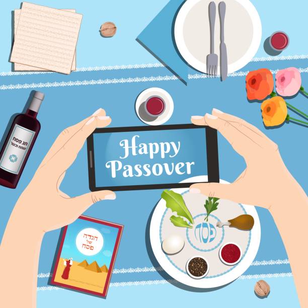 illustrazioni stock, clip art, cartoni animati e icone di tendenza di tavola da pranzo pasquale con piatto tradizionale, matzo, vino. banner vettoriale. - passover seder table judaism