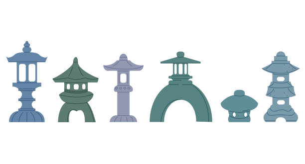 japanische straßenlaternen sammlung. - garden statue stock-grafiken, -clipart, -cartoons und -symbole