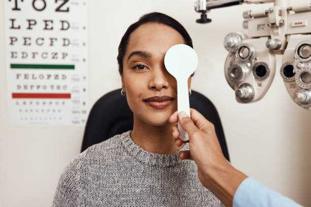 One little eye test goes a long way Shot of an optometrist covering her patient’s eyes with an occluder during an eye exam human eye stock pictures, royalty-free photos & images