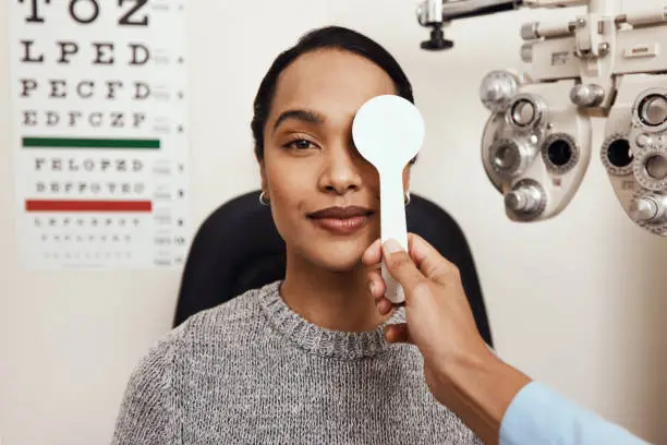 Shot of an optometrist covering her patient’s eyes with an occluder during an eye exam