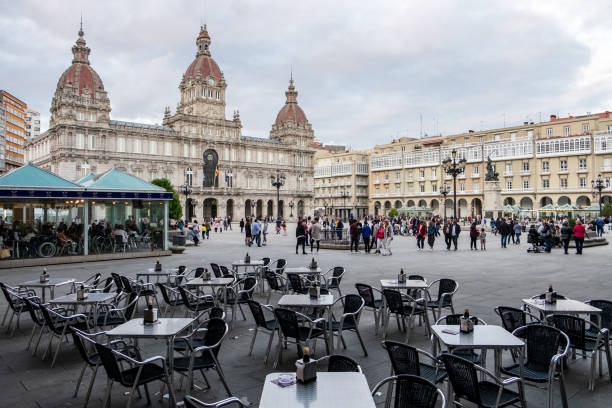 Plaza de María Pita and town hall. La Coruña. Terraces and kiosks in the Plaza del Ayuntamiento on a cloudy day. a coruna province stock pictures, royalty-free photos & images