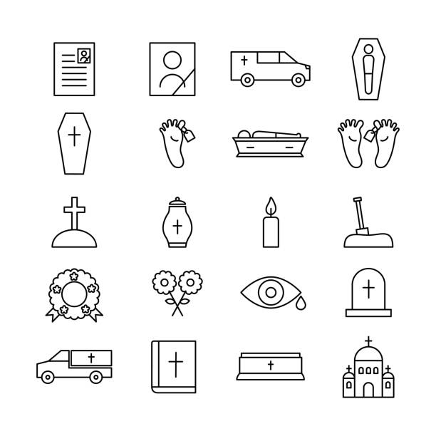 Funeral icon line set. Funeral icon line set. Burial outline symbol collection. Flat style. Vector isolated on white death icon stock illustrations