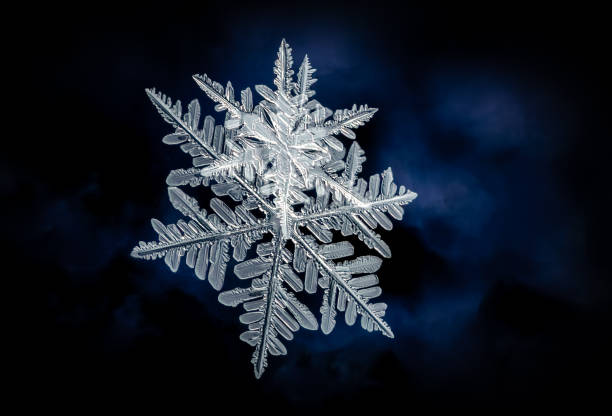 Snowflake close up on a black and blue background stock photo