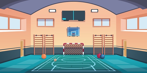 Cartoon School Court Gym With Basketball Basket And Football Goal Or  Gymnastic Equipment Comfortable Playground For Playing Games And Training  Vector Gymnasium Sport Hall For Workout Stock Illustration - Download Image  Now -