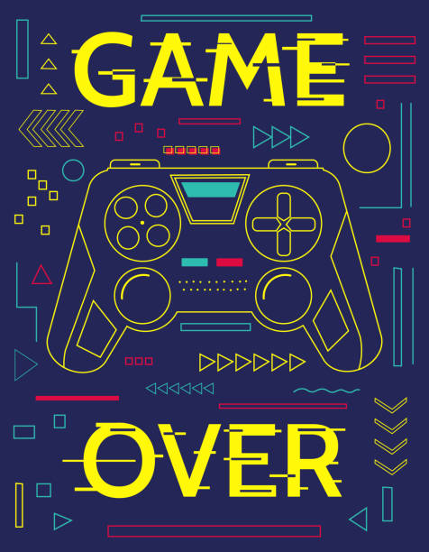 게임 인쇄. 컨트롤러와 추상기하의 형상으로 최소한의 포스터. 배너를 통해 게임. 결함 효과가있는 파란색 그림과 노란색 글자. 그래피티 아트 디자인, 벡터 게임패드 - gamer stock illustrations
