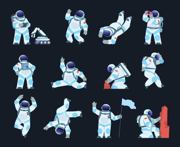 Astronaut. Cartoon spaceman in different poses. Cosmic explorer wears spacesuit and helmet. Cosmonaut takes soil samples or explores surface with space robot. Vector spacewalk scenes set Astronaut. Cartoon spaceman in different poses. Isolated cosmic explorer wears spacesuit and helmet. Cute cosmonaut takes soil samples or explores surface with space robot. Vector spacewalk scenes set astronaut symbols stock illustrations