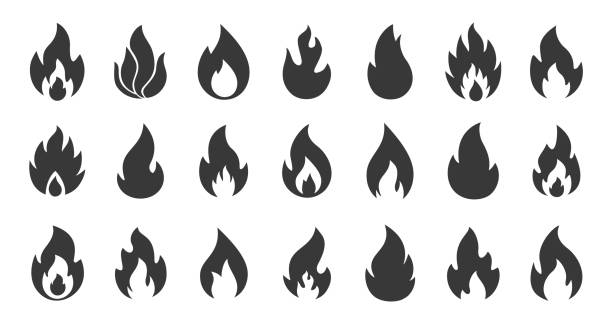ilustraciones, imágenes clip art, dibujos animados e iconos de stock de iconos de fuego. siluetas de llama simples. señales de advertencia de contorno negro. recopilación de símbolos de información sobre combustible y productos calientes. hoguera o líquido inflamable. conjunto de contornos ardientes vectoriales - llama fuego