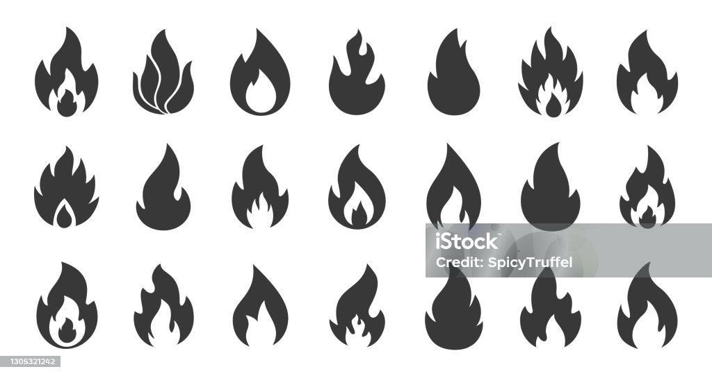 De pictogrammen van het vuur. Eenvoudige vlamsilhouetten. Zwarte contourwaarschuwingstekens. Verzameling van informatiesymbolen over brandstof en hete producten. Vreugdevuur of ontvlambare vloeistof. Vector vurige overzichtsreeks - Royalty-free Vlam vectorkunst