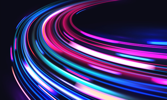 Car motion trails. Speed light streaks vector background with blurred fast moving light effect, blue purple colors on black. Racing cars dynamic flash effects city road with long exposure night lights