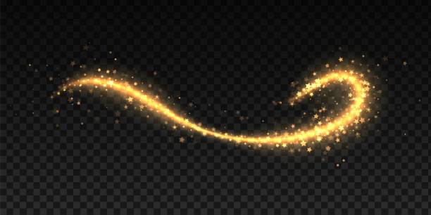 illustrazioni stock, clip art, cartoni animati e icone di tendenza di polvere di stelle scintillante. effetti di luce splendenti natalizi su sfondo nero, stelle incandescenti dorate, onda di particelle scintillanti, magica illustrazione del movimento della polvere glitter gialla del vettore del sentiero - party background flash