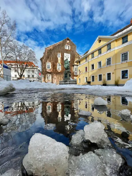 Old houses  with puddle reflection in Weimar, Germany