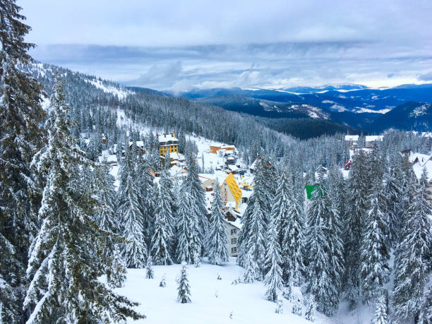 Aerial view of Dragobrat - famous ski resort in Carpathians mountains. Ukraine