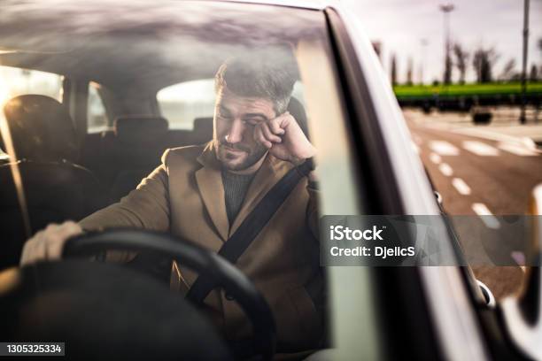 Man Falling Asleep While Driving A Car Stock Photo - Download Image Now - Driving, Tired, Sleeping