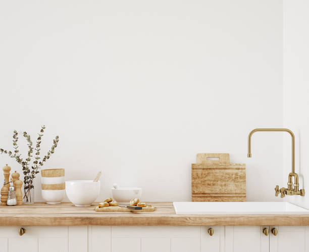 maqueta de pared en el fondo interior de la cocina, estilo granja - cultura escandinava fotografías e imágenes de stock