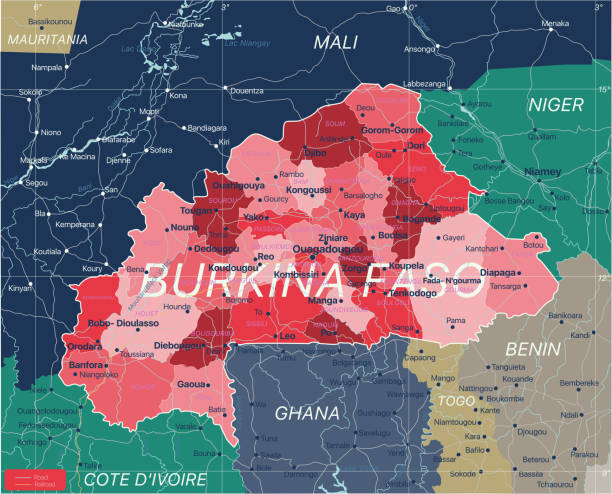 Burkina Faso country detailed editable map Burkina Faso country detailed editable map with regions cities and towns, roads and railways, geographic sites. Vector EPS-10 file mauritania stock illustrations