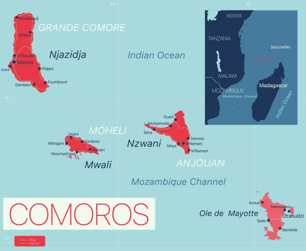 Comores Islands detailed editable map Comores Islands detailed editable map with regions cities and towns, roads and railways, geographic sites. Vector EPS-10 file mayotte stock illustrations