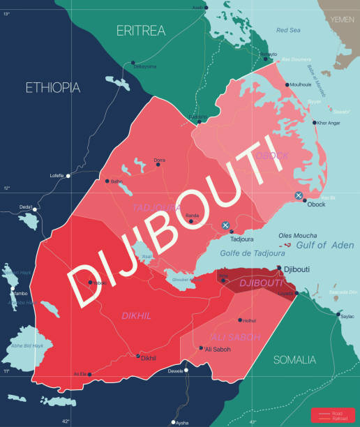Dijibouti country detailed editable map Dijibouti country detailed editable map with regions cities and towns, roads and railways, geographic sites. Vector EPS-10 file silhouette of a eritrea stock illustrations