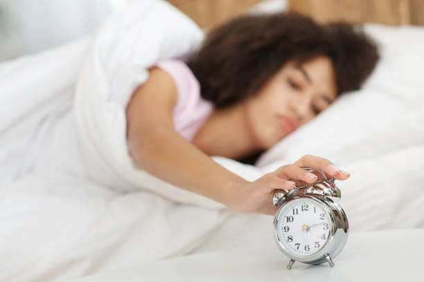 istock Problems with waking up to work, sleepy lady and emotions in morning at home 1305327618