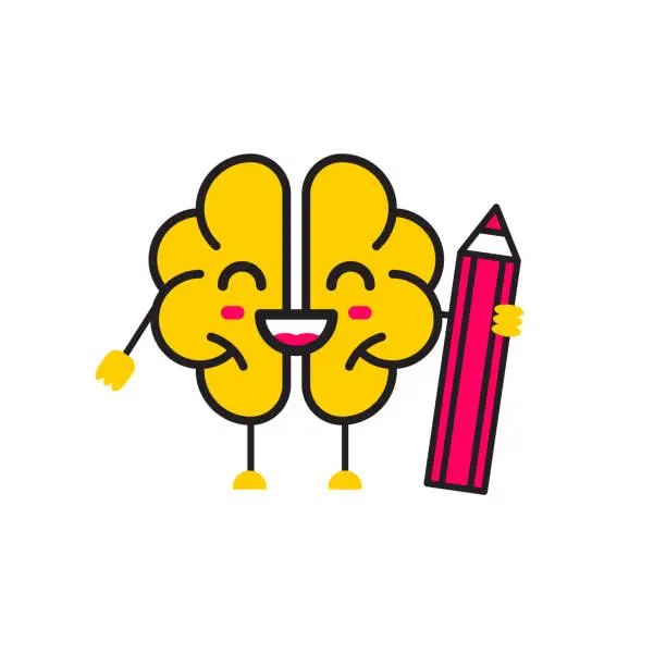Vector illustration of Brain cartoon character holding pencil. Storytelling sign, writer icon