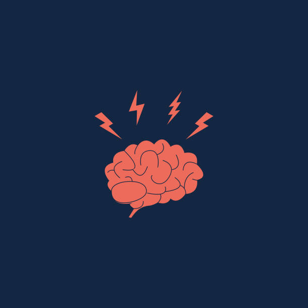 Headache, stress, emotional exhaustion icon. Brain with lightning symbols. Fatigue and stress concept. Vector Headache, stress, emotional exhaustion icon. Brain with lightning symbols. Fatigue and stress concept. Vector headache stock illustrations