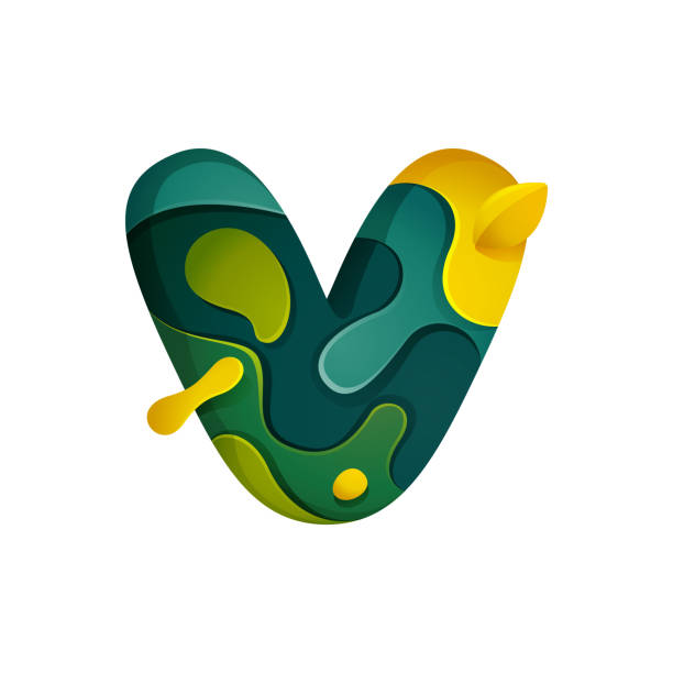 Paper cut letter V symbol. Layer carving style effect icon. Green origami element perfect for agriculture labels, eco friendly food emblem, landscape posters and garden identity, etc. graffiti letter v stock illustrations