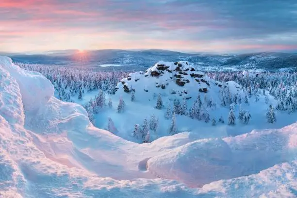 Panoramic landscape of Jizera Mountains, view from peak Izera with frosty spruce forest, trees and hills. Winter time near ski resort, blue sky background. Liberec, Czech Republic, Northern Bohemia