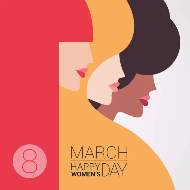 Vector illustration of International Women's Day. Female diverse faces of different ethnicity poster. Women empowerment movement pattern. Vector templates for card, poster, flyer and other users