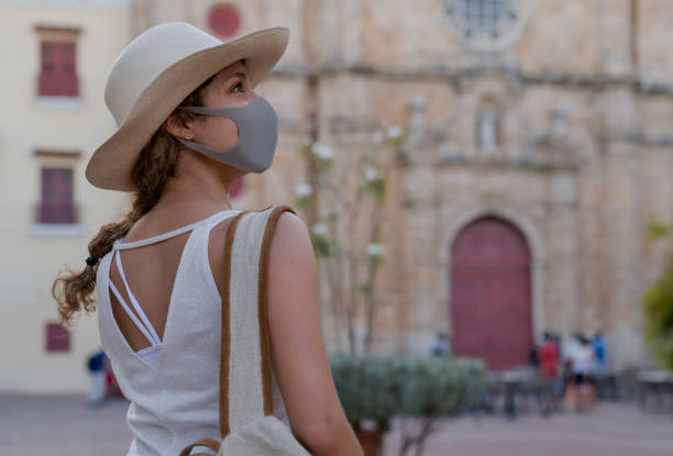 istock Traveler wearing a facemask while sightseeing in Cartagena 1305330923
