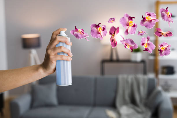 woman using air spray - air freshener imagens e fotografias de stock