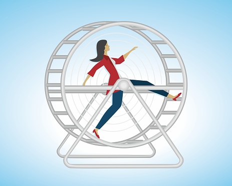 Woman running as fast as she can in the wheel of life. EPS10.