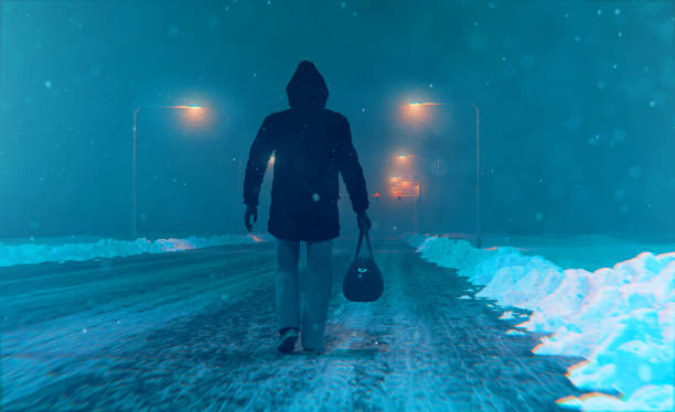 l'uomo con borsone cammina per le strade durante una bufera di neve - rear view winter blizzard nordic countries foto e immagini stock