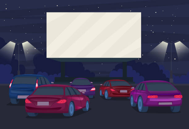 istock Cartoon Color Drive in Cinema on a Landscape Scene Concept. Vector 1305333567